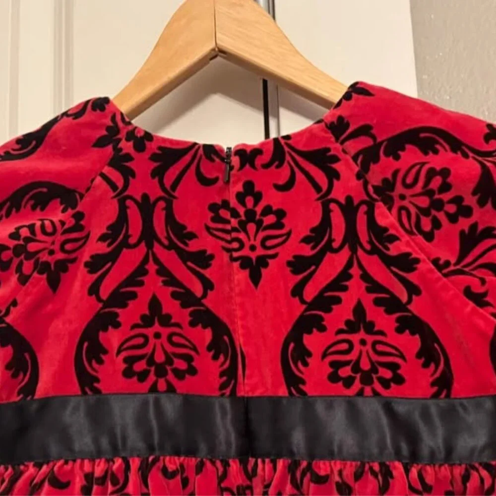 Girls Hanna Andersson Red Velvet Black Brocade Dress‎ Lace Trim-Size 120cm (6/7)